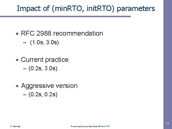 Impact of (min. RTO, init. RTO) parameters RFC 2988 recommendation – (1. 0 s,
