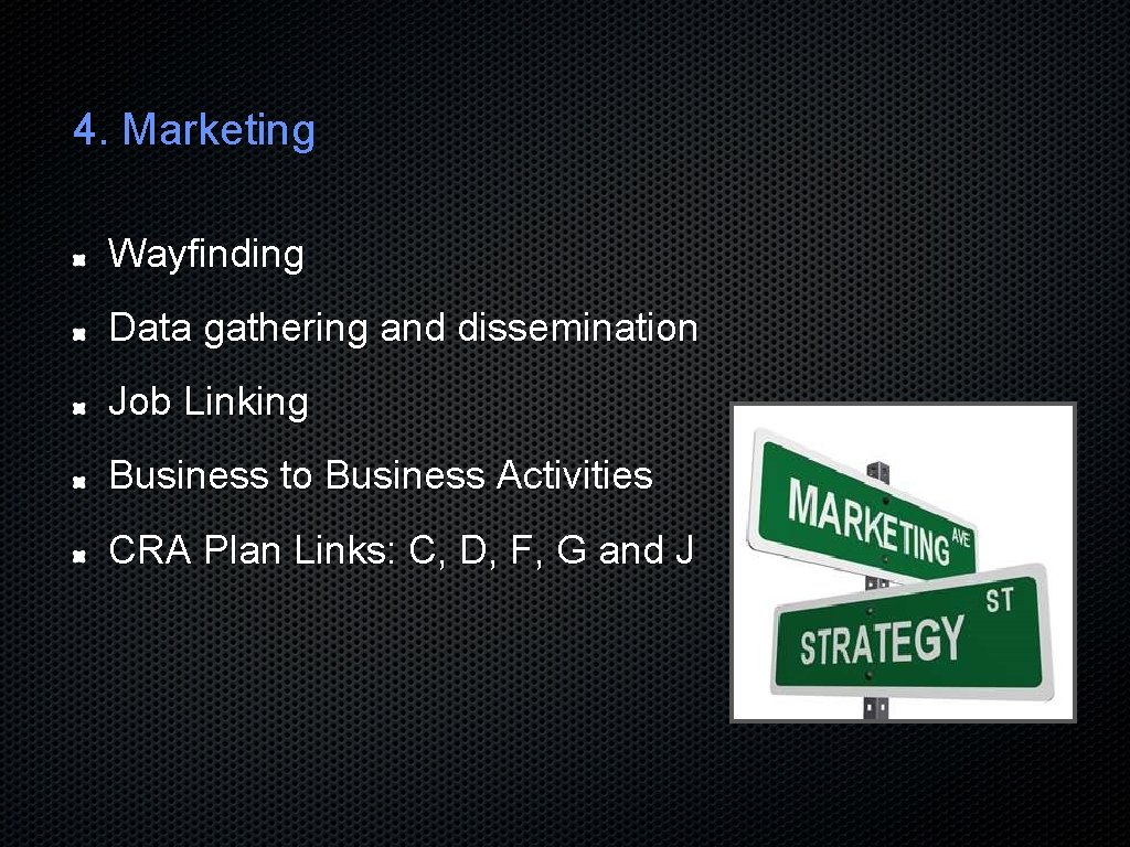 4. Marketing Wayfinding Data gathering and dissemination Job Linking Business to Business Activities CRA