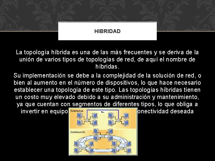 HIBRIDAD La topología híbrida es una de las más frecuentes y se deriva de