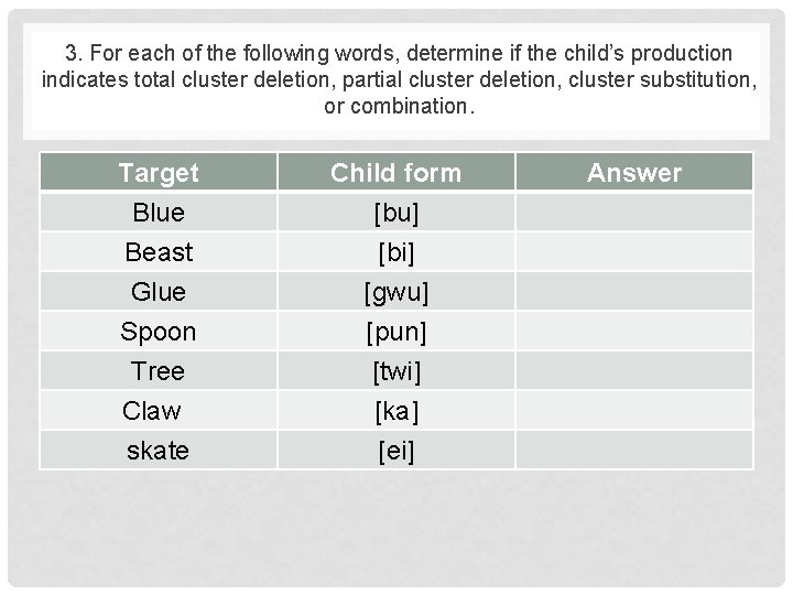 3. For each of the following words, determine if the child’s production indicates total