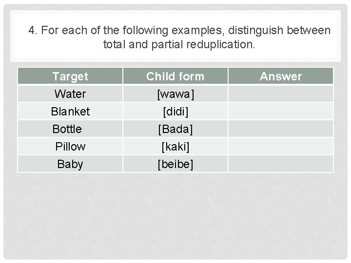 4. For each of the following examples, distinguish between total and partial reduplication. Target 4. For each of the following examples, distinguish between total and partial reduplication. Target