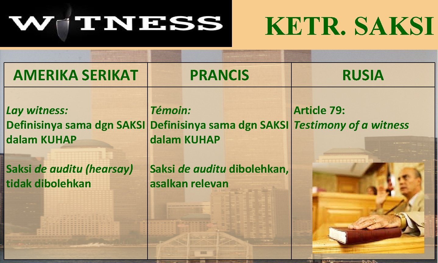 KETR. SAKSI AMERIKA SERIKAT PRANCIS RUSIA Lay witness: Témoin: Article 79: Definisinya sama dgn