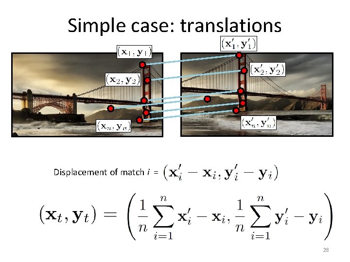 Simple case: translations Displacement of match i = Mean displacement = 28 