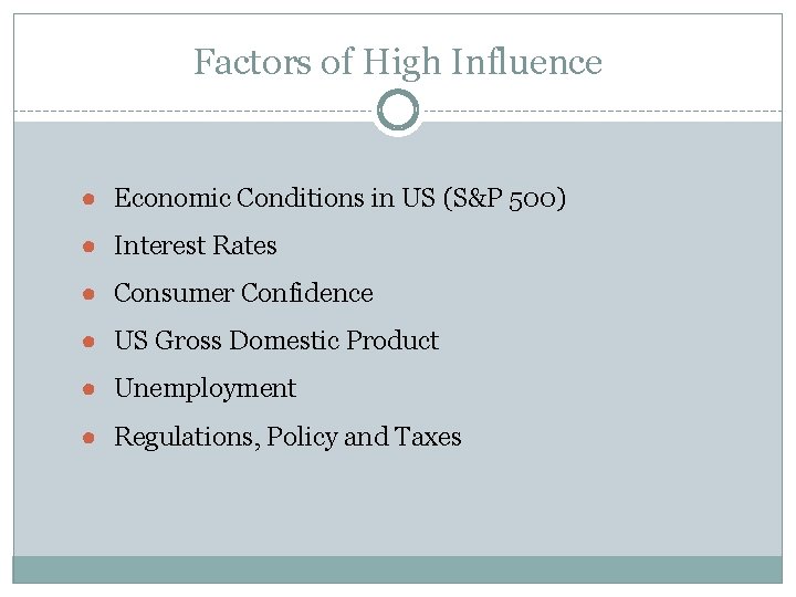 Factors of High Influence ● Economic Conditions in US (S&P 500) ● Interest Rates