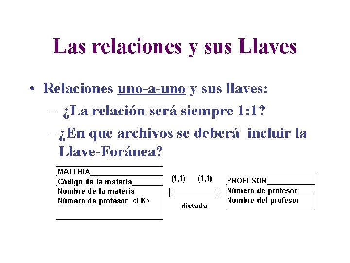 Las relaciones y sus Llaves • Relaciones uno-a-uno y sus llaves: – ¿La relación