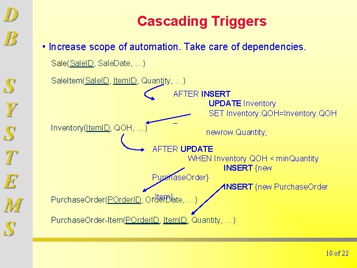 D B Cascading Triggers • Increase scope of automation. Take care of dependencies. Sale(Sale.