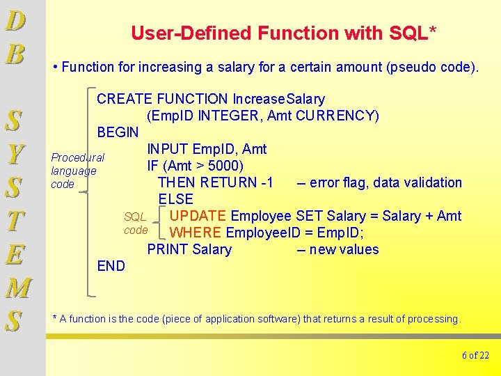 D B S Y S T E M S User-Defined Function with SQL* •