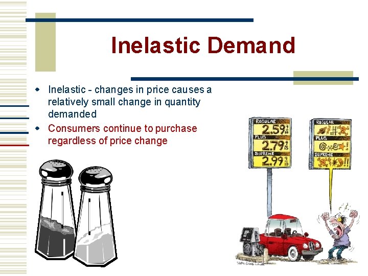 Inelastic Demand Inelastic - changes in price causes a relatively small change in quantity