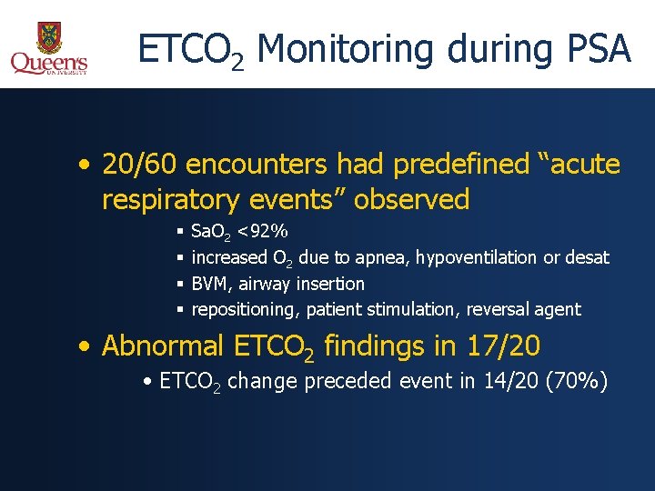 ETCO 2 Monitoring during PSA • 20/60 encounters had predefined “acute respiratory events” observed