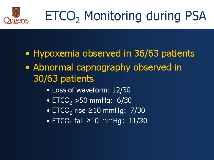 ETCO 2 Monitoring during PSA • Hypoxemia observed in 36/63 patients • Abnormal capnography