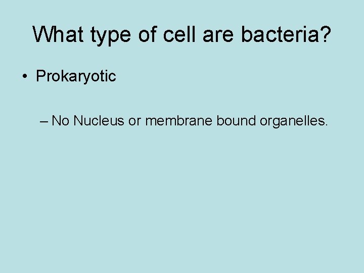 What type of cell are bacteria? • Prokaryotic – No Nucleus or membrane bound