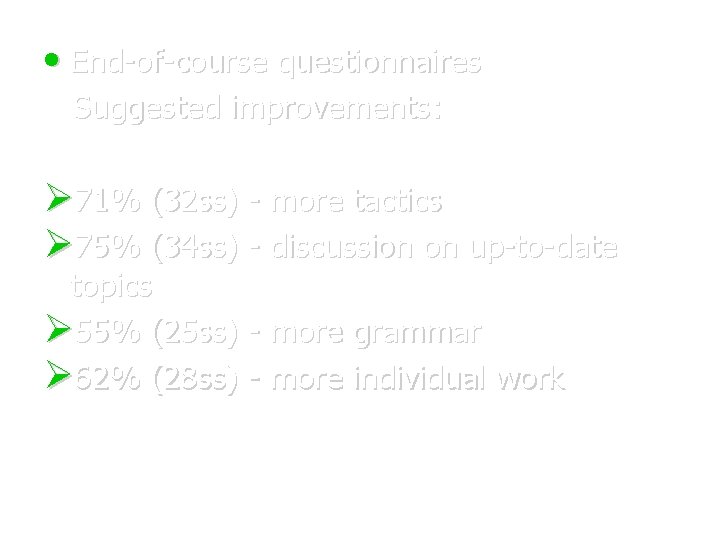  • End-of-course questionnaires Suggested improvements: 71% (32 ss) - more tactics 75% (34