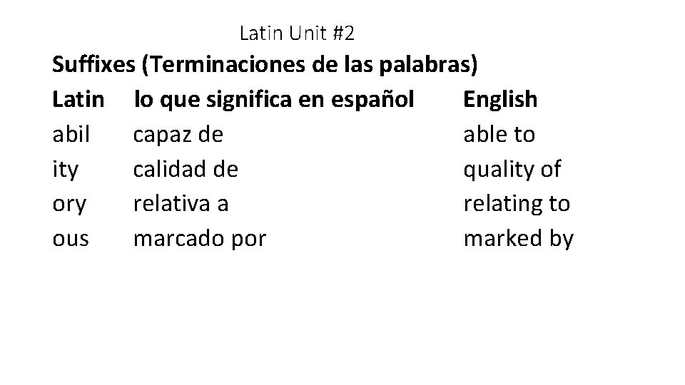 Latin Unit #2 Suffixes (Terminaciones de las palabras) Latin lo que significa en español