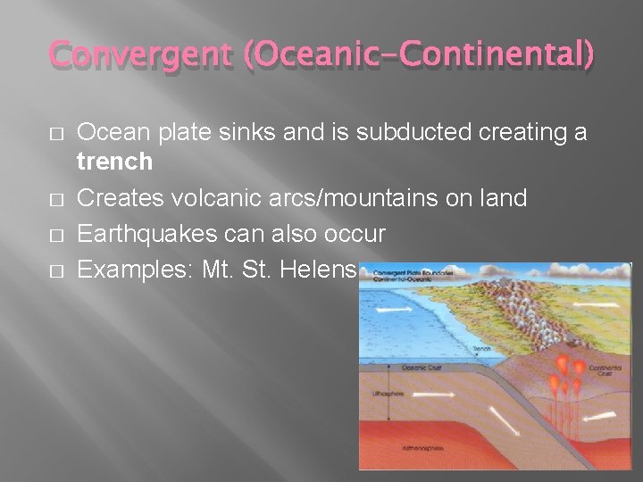 Convergent (Oceanic-Continental) � � Ocean plate sinks and is subducted creating a trench Creates