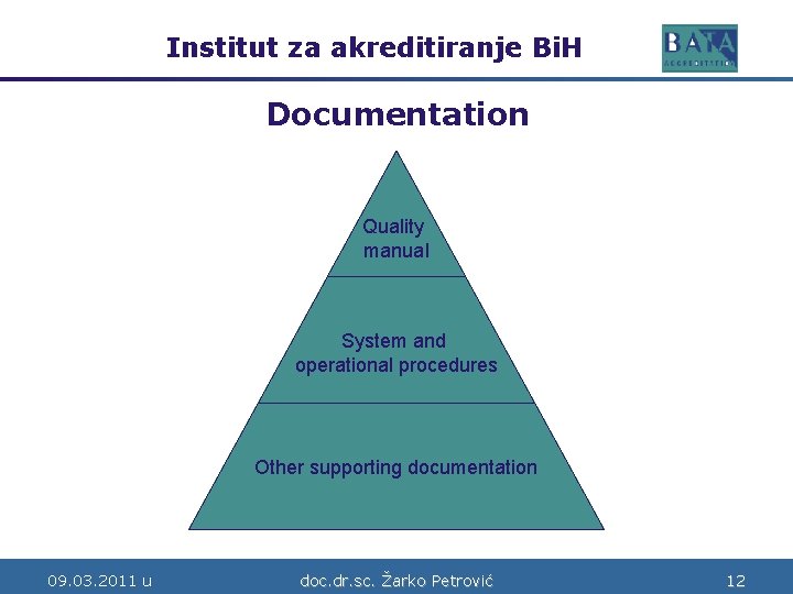 Institut za akreditiranje Bi. H Bosne i Hercegovine Documentation Quality manual System and operational