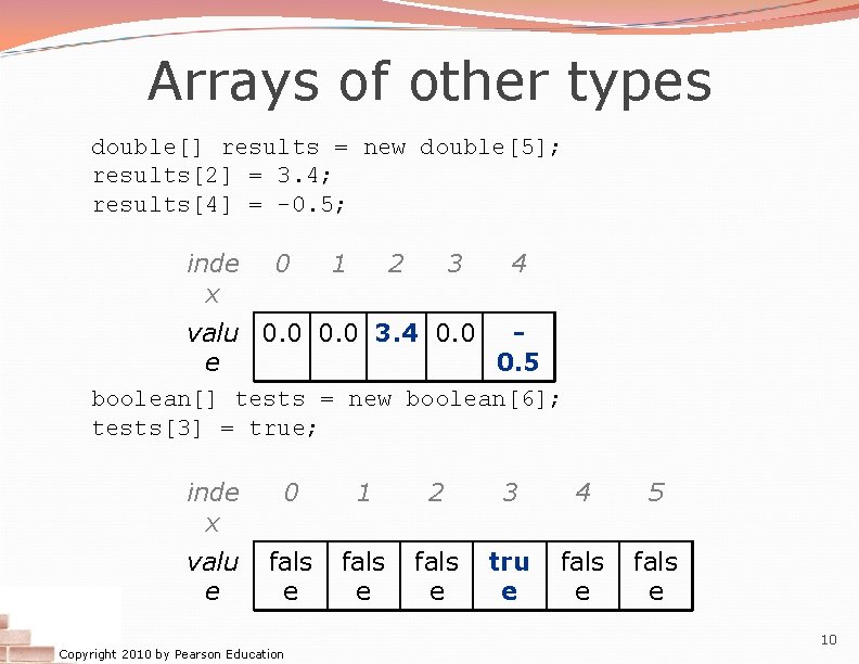 Arrays of other types double[] results = new double[5]; results[2] = 3. 4; results[4]