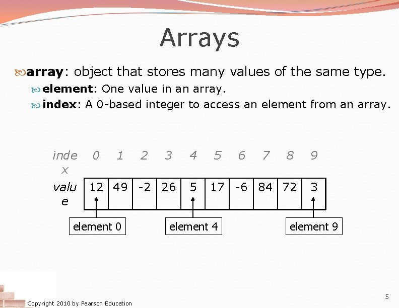 Arrays array: object that stores many values of the same type. element: One value
