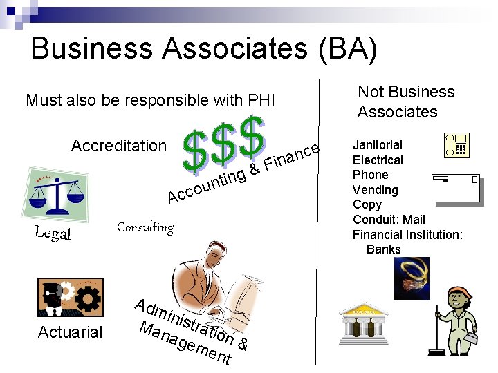 Business Associates (BA) Not Business Associates Must also be responsible with PHI Accreditation nce
