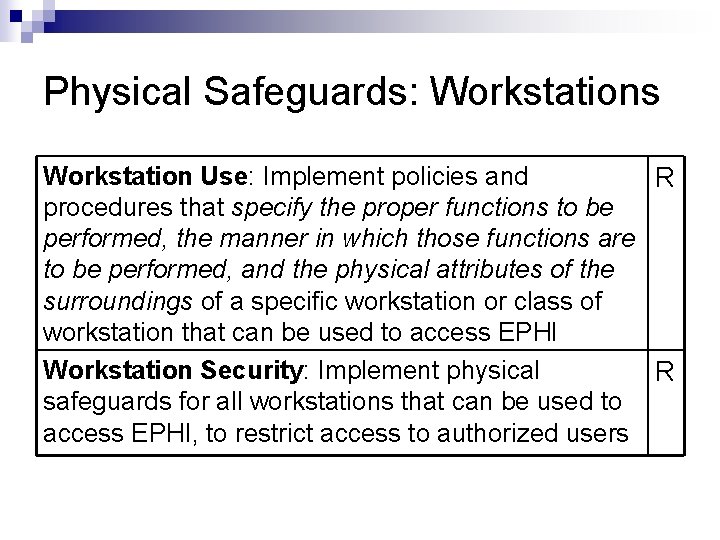 Physical Safeguards: Workstations Workstation Use: Implement policies and R procedures that specify the proper