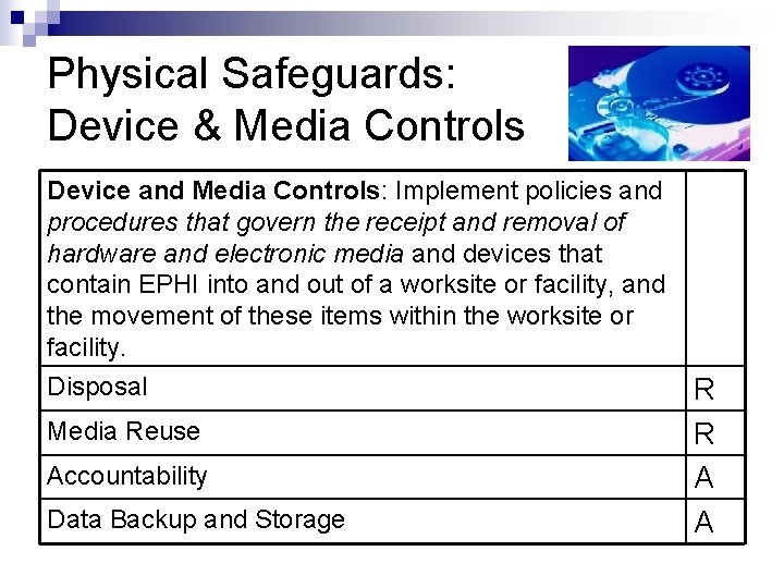 Physical Safeguards: Device & Media Controls Device and Media Controls: Implement policies and procedures