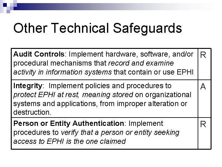 Other Technical Safeguards Audit Controls: Implement hardware, software, and/or R procedural mechanisms that record