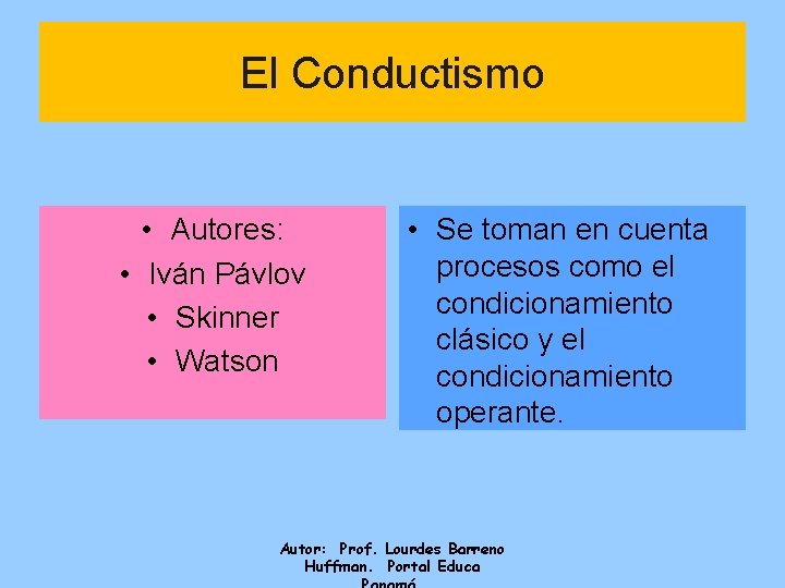 El Conductismo • Autores: • Iván Pávlov • Skinner • Watson • Se toman