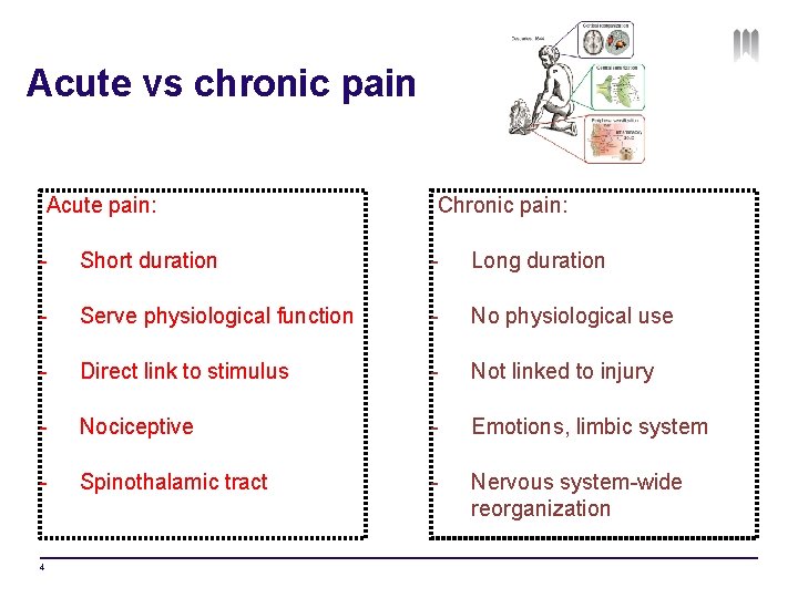 Acute vs chronic pain Acute pain: Chronic pain: - Short duration - Long duration