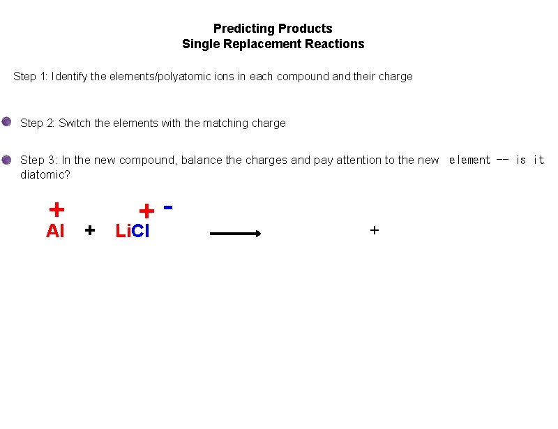 Predicting Products Single Replacement Reactions Step 1: Identify the elements/polyatomic ions in each compound