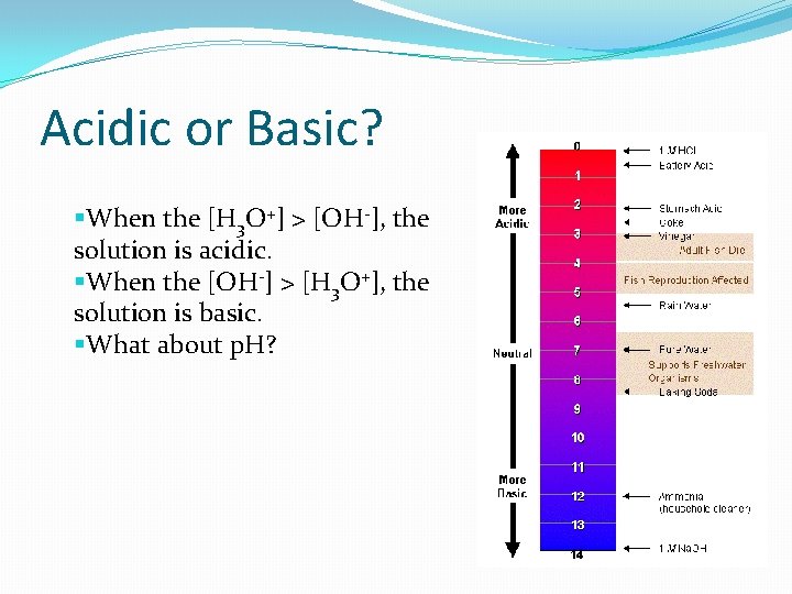 Acidic or Basic? §When the [H 3 O+] > [OH-], the solution is acidic.