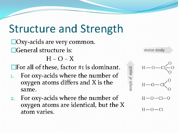 Structure and Strength �Oxy-acids are very common. �General structure is: H–O–X �For all of