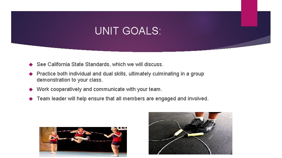 UNIT GOALS: See California State Standards, which we will discuss. Practice both individual and