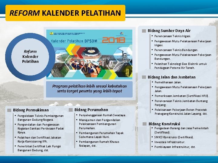 REFORM KALENDER PELATIHAN Bidang Sumber Daya Air • Perencanaan Teknis Irigasi. • Pengawasan Mutu