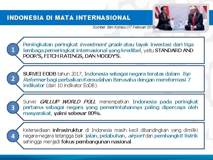 INDONESIA DI MATA INTERNASIONAL Sumber: Biro Kompu (17 Februari 2018) 1 Peningkatan peringkat investment
