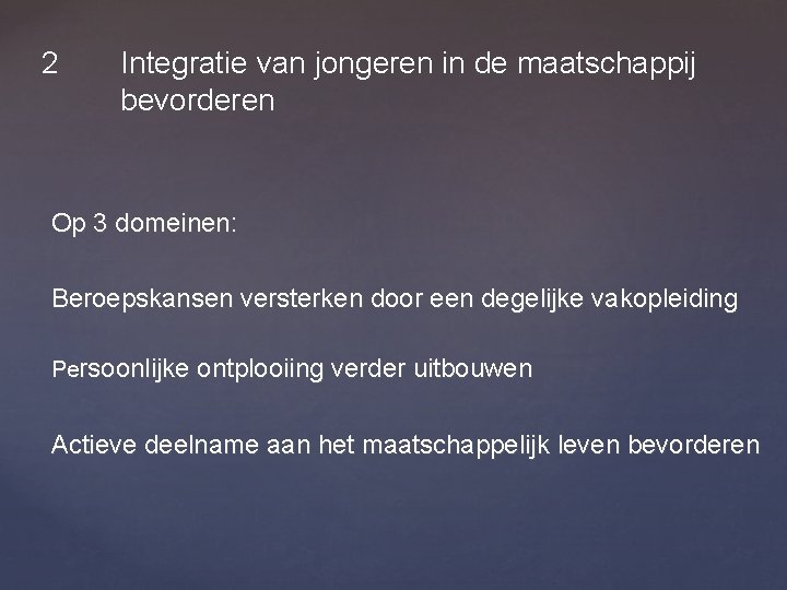 2 Integratie van jongeren in de maatschappij bevorderen Op 3 domeinen: Beroepskansen versterken door