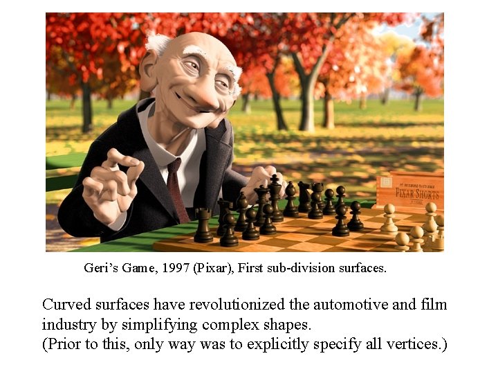 Geri’s Game, 1997 (Pixar), First sub-division surfaces. Curved surfaces have revolutionized the automotive and