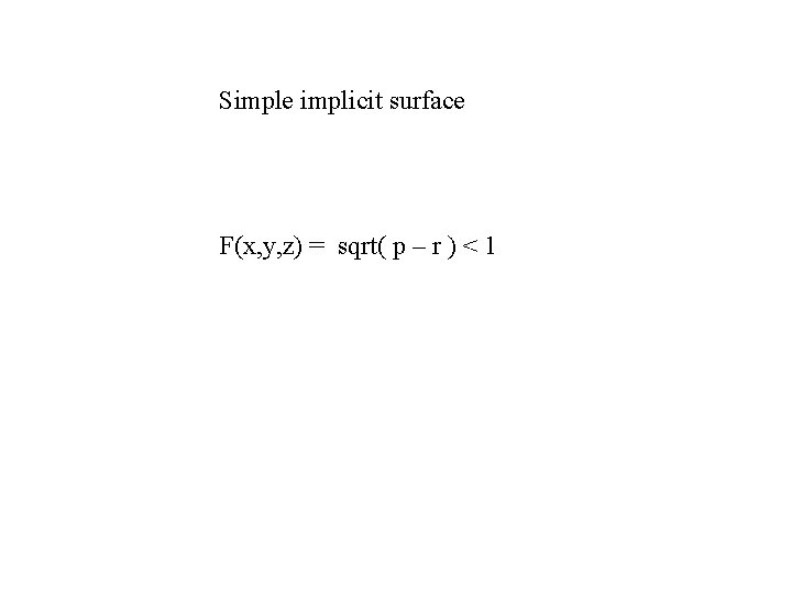 Simple implicit surface F(x, y, z) = sqrt( p – r ) < 1