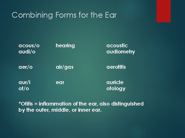 Combining Forms for the Ear acous/o audi/o hearing acoustic audiometry aer/o air/gas aerotitis aur/i