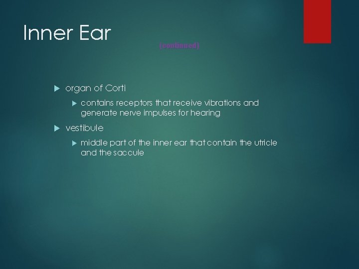 Inner Ear organ of Corti (continued) contains receptors that receive vibrations and generate nerve