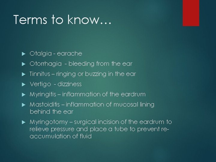 Terms to know… Otalgia - earache Otorrhagia - bleeding from the ear Tinnitus –