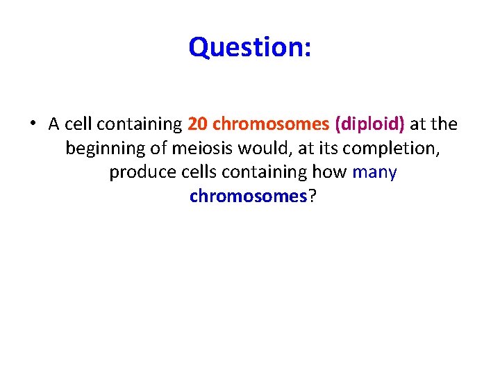 Question: • A cell containing 20 chromosomes (diploid) at the beginning of meiosis would,