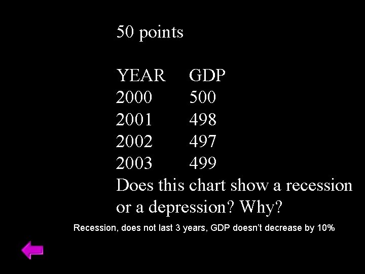 50 points YEAR GDP 2000 500 2001 498 2002 497 2003 499 Does this