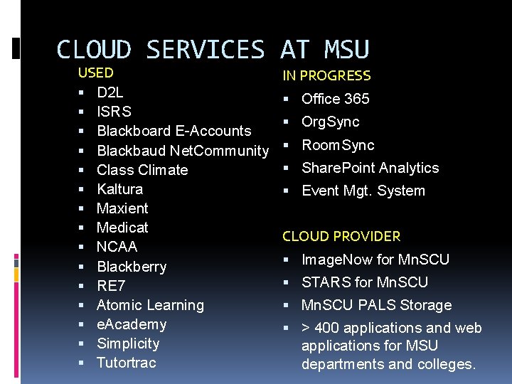CLOUD SERVICES AT MSU USED D 2 L ISRS Blackboard E-Accounts Blackbaud Net. Community