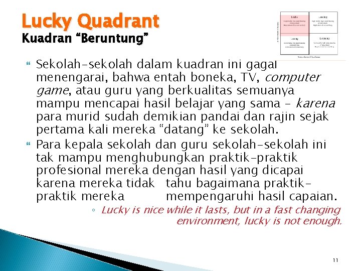 Lucky Quadrant Kuadran “Beruntung” Sekolah-sekolah dalam kuadran ini gagal menengarai, bahwa entah boneka, TV,