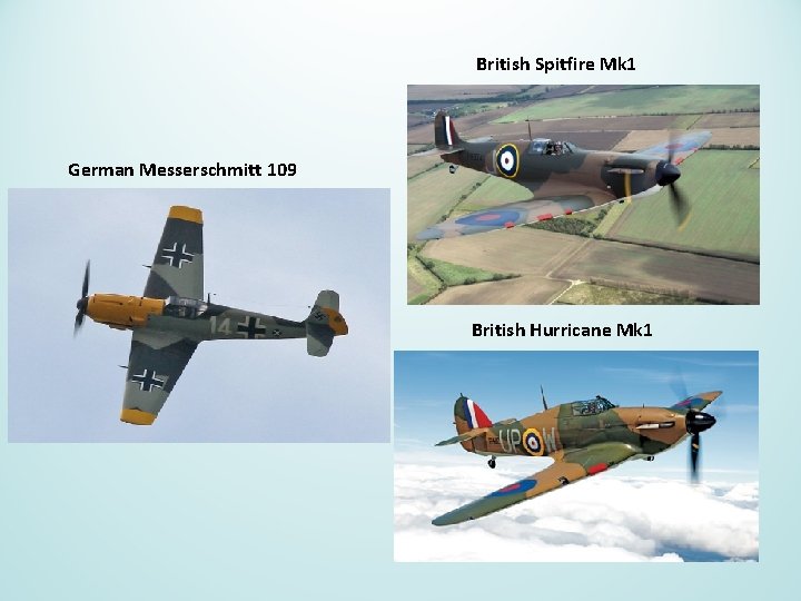 British Spitfire Mk 1 German Messerschmitt 109 British Hurricane Mk 1 