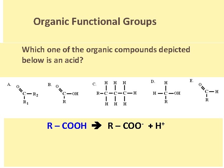 Organic Functional Groups Which one of the organic compounds depicted below is an acid?