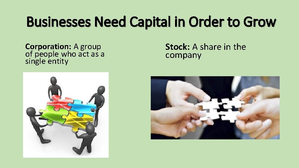 Businesses Need Capital in Order to Grow Corporation: A group of people who act