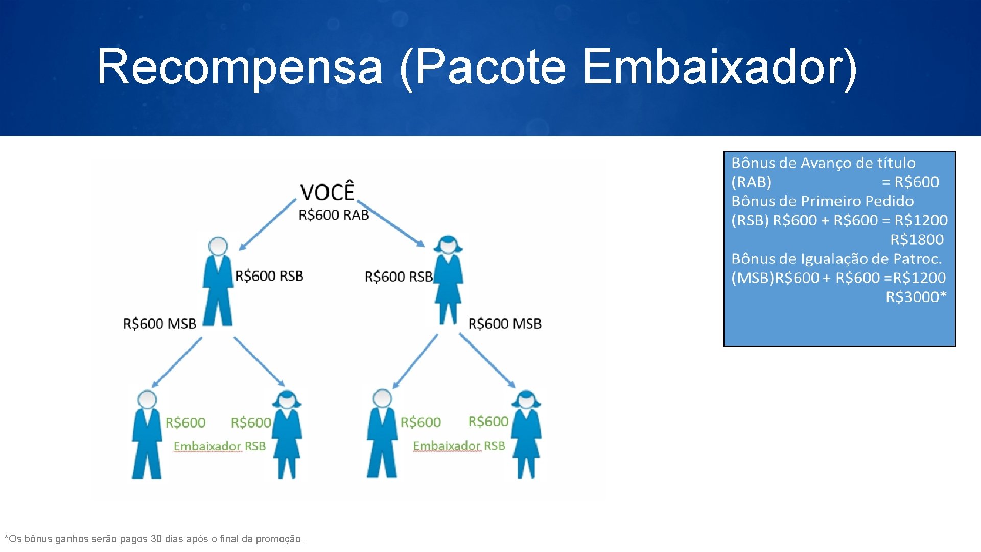 Recompensa (Pacote Embaixador) *Os bônus ganhos serão pagos 30 dias após o final da