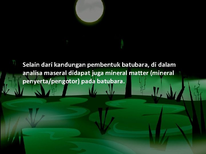 Selain dari kandungan pembentuk batubara, di dalam analisa maseral didapat juga mineral matter (mineral