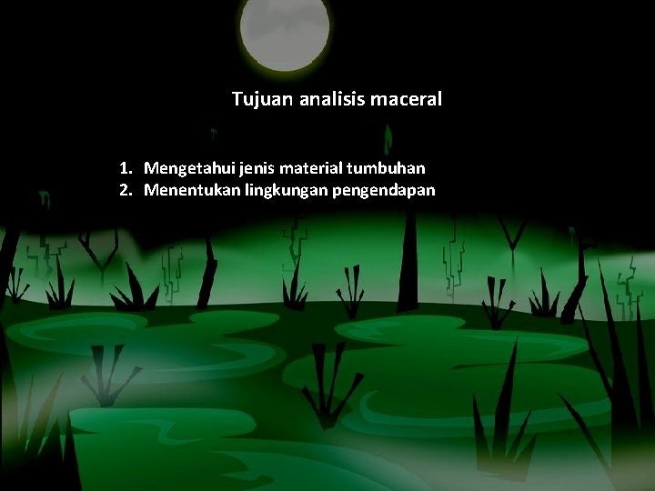 Tujuan analisis maceral 1. Mengetahui jenis material tumbuhan 2. Menentukan lingkungan pengendapan 