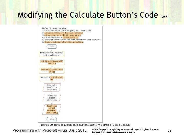 Modifying the Calculate Button’s Code (cont. ) Figure 3 -30 Revised pseudocode and flowchart Modifying the Calculate Button’s Code (cont. ) Figure 3 -30 Revised pseudocode and flowchart